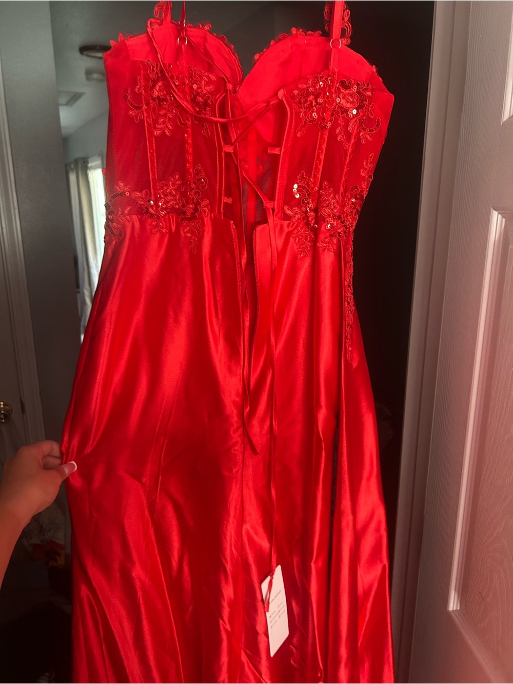 Red Satin Embellished Corset Evening Gown
